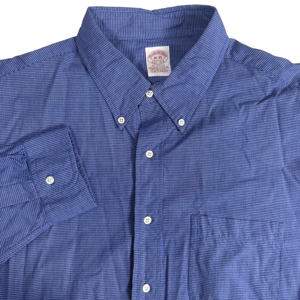 Brooks Brothers Mens 18-35 Blue Micro Check Cotton Button Down Dress Shirt OCBD
